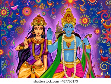 Vector design of Indian God Rama and Sita for Dussehra festival celebration in India