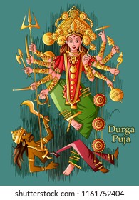 Vector design of Indian Goddess Durga sculpture for Durga Puja holiday festival of India in Dussehra Vijayadashami Navratri