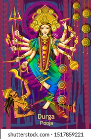 Vector design of Indian Goddess Durga sculpture for Durga Puja holiday festival of India in Dussehra Vijayadashami Navratri