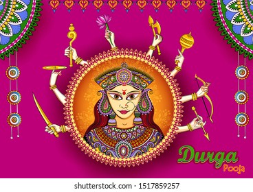 Vector design of Indian Goddess Durga sculpture for Durga Puja holiday festival of India in Dussehra Vijayadashami Navratri