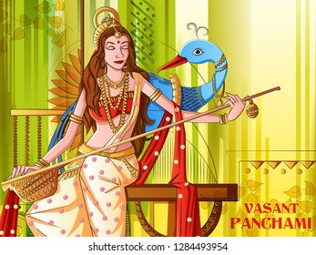Vector design of Indian Goddess Saraswati on Vasant Panchami Pooja festival background