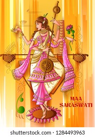 Vector design of Indian Goddess Saraswati on Vasant Panchami Pooja festival background
