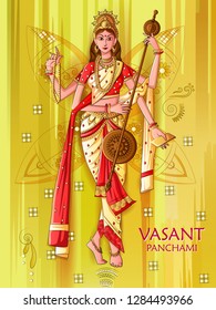 Vector design of Indian Goddess Saraswati on Vasant Panchami Pooja festival background