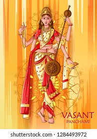 Vector design of Indian Goddess Saraswati on Vasant Panchami Pooja festival background