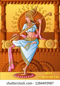Vector design of Indian Goddess Saraswati on Vasant Panchami Pooja festival background