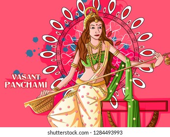Vector design of Indian Goddess Saraswati on Vasant Panchami Pooja festival background