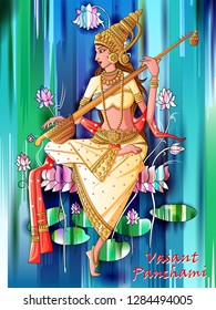 Vector design of Indian Goddess Saraswati on Vasant Panchami Pooja festival background