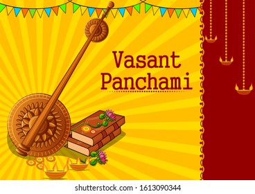 Vector design of Indian Goddess Saraswati on Vasant Panchami Pooja festival background