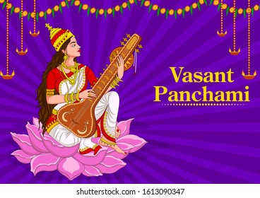 Vector design of Indian Goddess Saraswati on Vasant Panchami Pooja festival background
