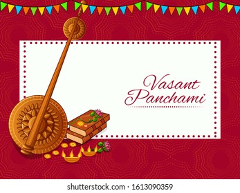 Vector design of Indian Goddess Saraswati on Vasant Panchami Pooja festival background