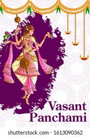 Vector design of Indian Goddess Saraswati on Vasant Panchami Pooja festival background