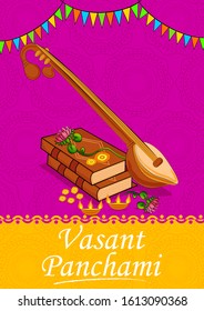 Vector design of Indian Goddess Saraswati on Vasant Panchami Pooja festival background