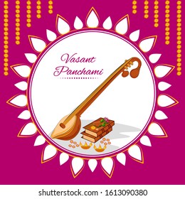 Vector design of Indian Goddess Saraswati on Vasant Panchami Pooja festival background