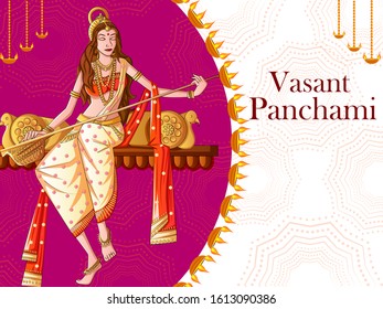 Vector design of Indian Goddess Saraswati on Vasant Panchami Pooja festival background