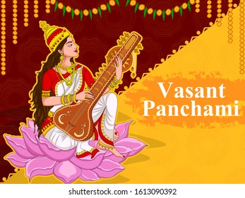 Vector design of Indian Goddess Saraswati on Vasant Panchami Pooja festival background