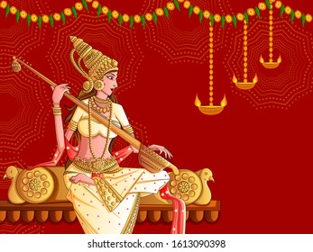 Vector design of Indian Goddess Saraswati on Vasant Panchami Pooja festival background