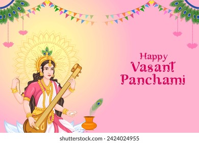 Vector design of Indian Goddess Saraswati on Vasant Panchami Pooja festival background