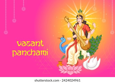 Vector design of Indian Goddess Saraswati on Vasant Panchami Pooja festival background