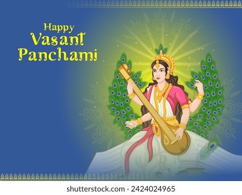 Vector design of Indian Goddess Saraswati on Vasant Panchami Pooja festival background