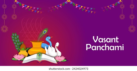 Vector design of Indian Goddess Saraswati on Vasant Panchami Pooja festival background