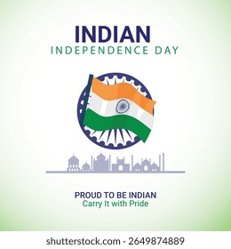 Vector design for Indian Independence Day showcasing the national flag in front of Ashoka Chakra with iconic monument silhouettes and flying doves. Represents freedom, pride, and national unity.