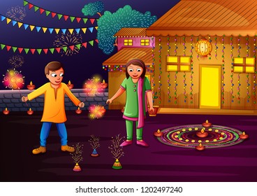 Vector design of Indian kids celebrating Happy Diwali on colorful art style background of India