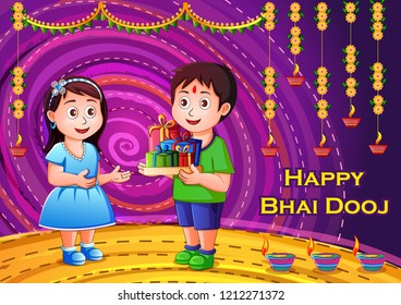 Vector design of Indian kids celebrating Happy Bhai Dooj on colorful art style background of India