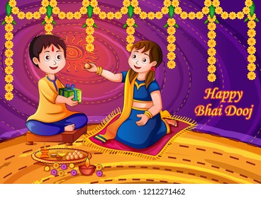 Projeto vetorial de crianças indianas comemorando feliz Bhai Dooj no fundo de estilo de arte colorida da Índia