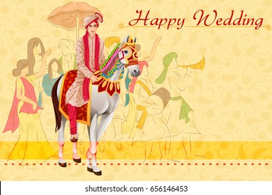 Vector design of Indian man on horse in wedding ceremony of India Baraati