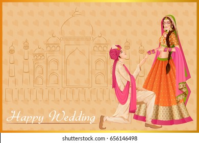 Vector design of Indian man proposing woman in wedding ceremony of India