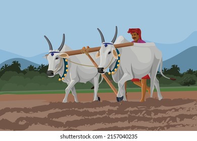 Un diseño vector de un campesino indio arando la tierra