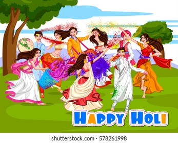 Vector design of Indian people celebrating color festival of India Holi