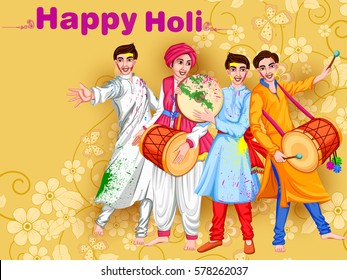 Vector design of Indian people celebrating color festival of India Holi