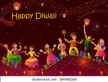 Vector design of Indian people friends and families celebrating Happy Diwali traditional light festival of India holiday greeting background with colorful diya