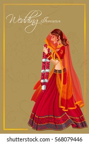 Vector design of Indian woman bride in Varmala wedding ceremony of India