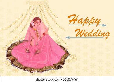 Vector design of Indian woman bride in Suhag Raat wedding ceremony of India