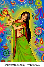 Vector design of Indian woman with diya decoration for Diwali festival celebration in India