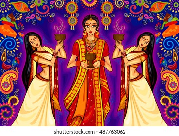 Vector design of Indian woman doing dhunuchi dance of Bengal during Durga Puja Dussehra celebration in India