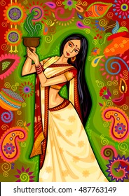 Vector design of Indian woman doing dhunuchi dance of Bengal during Durga Puja Dussehra celebration in India