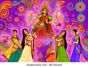 Projeto vetorial da mulher indiana fazendo dança dhunuchi de Bengala durante Durga Puja Dussehra celebração na Índia