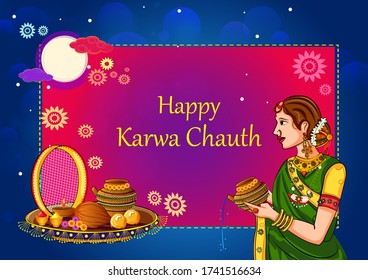 Vector design of Indian woman looking moon through sieve during Karwa Chauth celebration