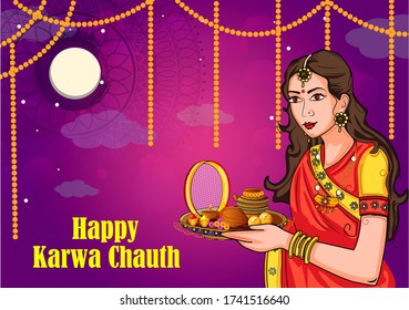 Vector design of Indian woman looking moon through sieve during Karwa Chauth celebration