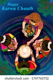 Vector design of Indian woman looking moon through sieve during Karwa Chauth celebration