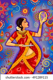 Vector design of Indian woman looking through sieve during Karwa Chauth celebration