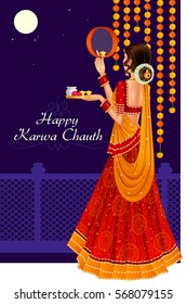 Vector design of Indian woman looking through sieve during Karva Chauth celebration