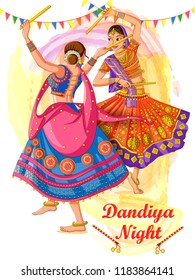 Vector design of Indian woman playing Garba in Dandiya Night Navratri Dussehra festival of India