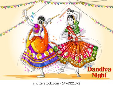 Vector design of Indian woman playing Garba in Dandiya Night Navratri Dussehra festival of India