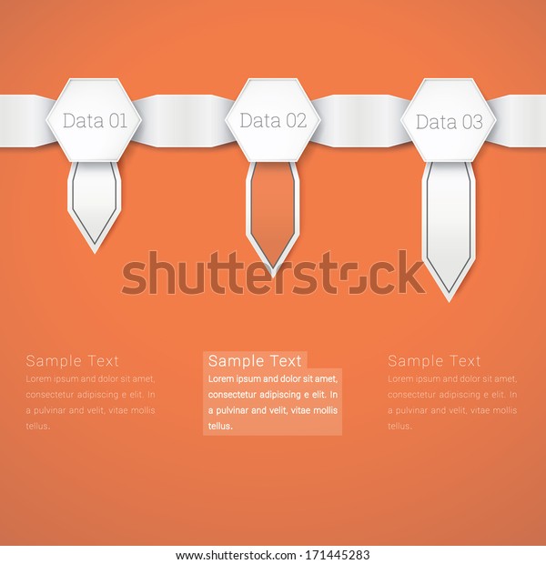 Vector design. Info graphics or chart design for
presentation. Visualization of gradation or three different data
with three hexagon decoration and arrow shape ribbons. Orange
version