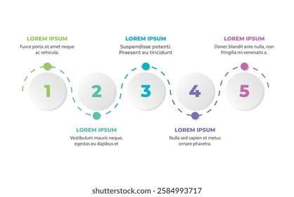Vector design of infographic template with 5 horizontal stages or steps and text blocks