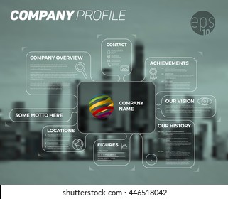 Vector design infographic template of company overview - dark version with all important information.